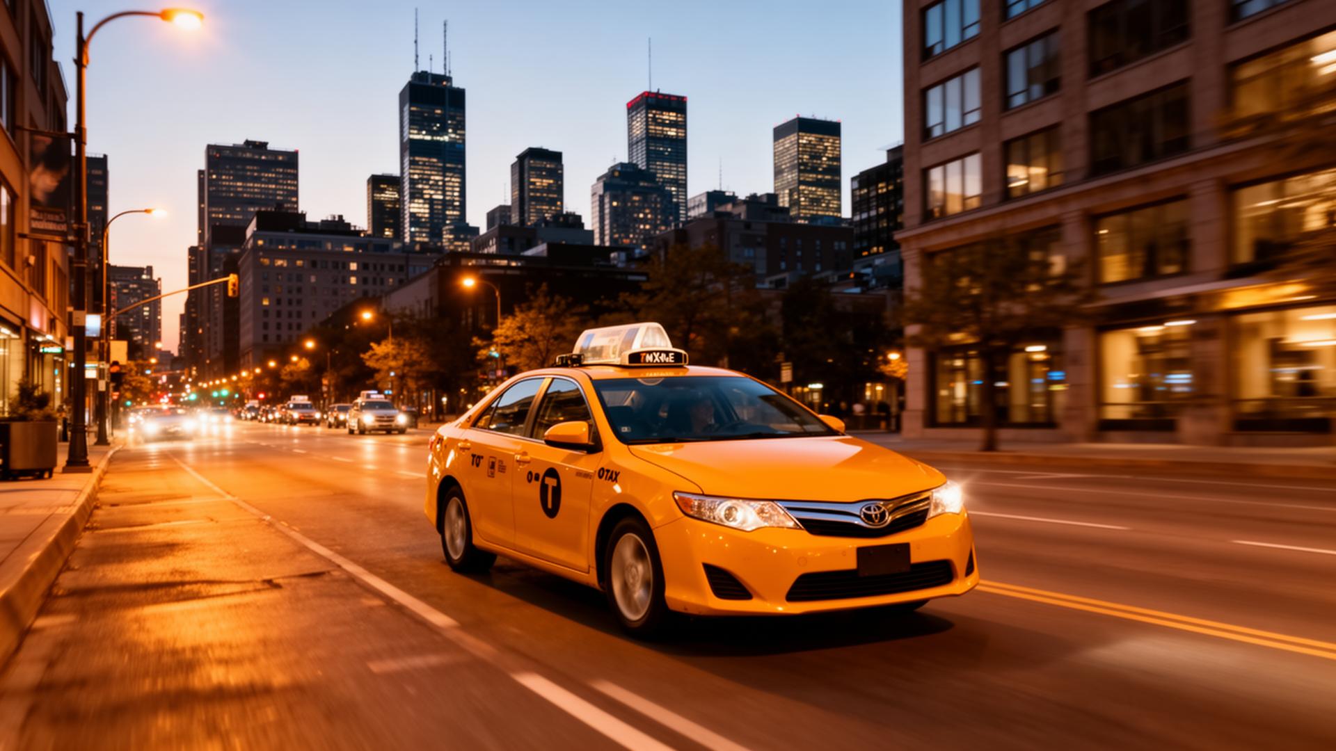Taxi jaune Bid Taxi Bonjour à Montréal au crépuscule